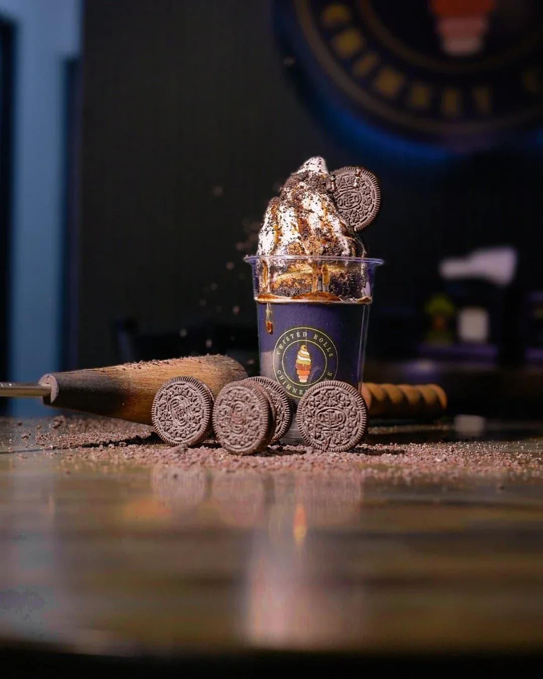 Oreo chimney cone on a dark counter